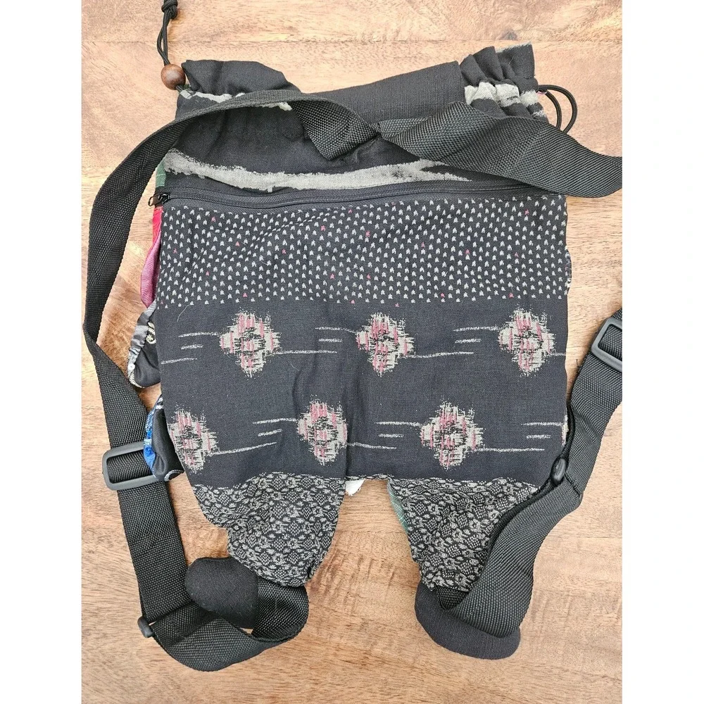 Boho Drawstring Backpack Women Multi-Color Owl Patchwork Zip Pocket Hippie Thai